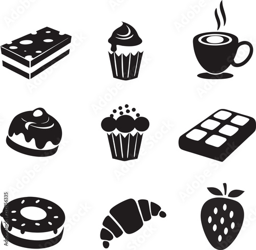 Assorted sweet bakery treats and hot coffee beverages in stylish black and white vector illustrations