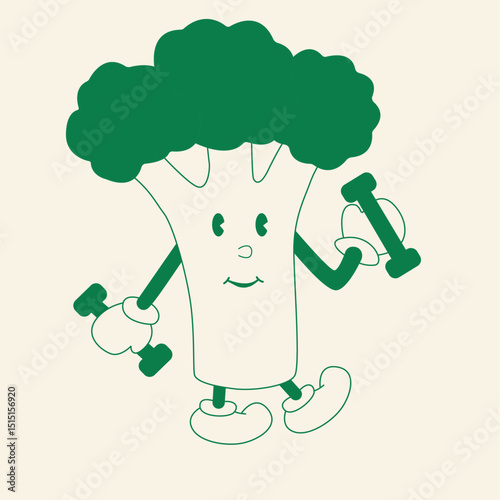 Una brócoli alegre con las mancuernas. Estilo de dibujos animados de los años 80
