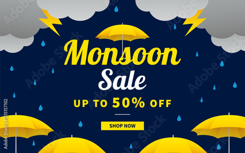 Monsoon Sale banner design vector illustration. Yellow umbrellas and rainy background