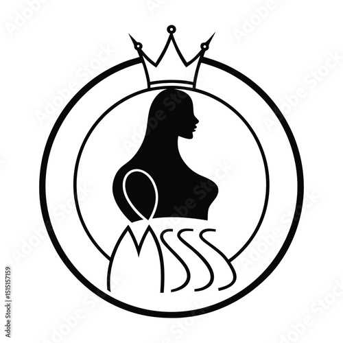 Miss lady pageant logo sign with Gold woman wear Crown in circle ring  vector illustration