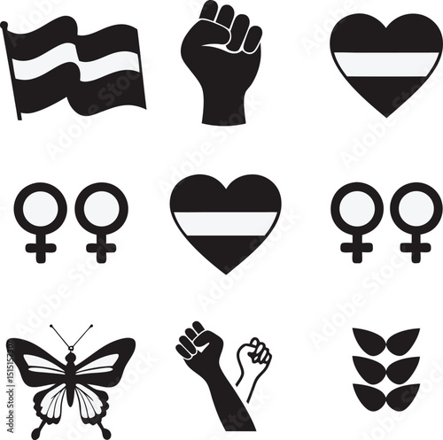Black and white vector illustration featuring various symbols of empowerment and solidarity for feminist, lgbtq+ and equality movements