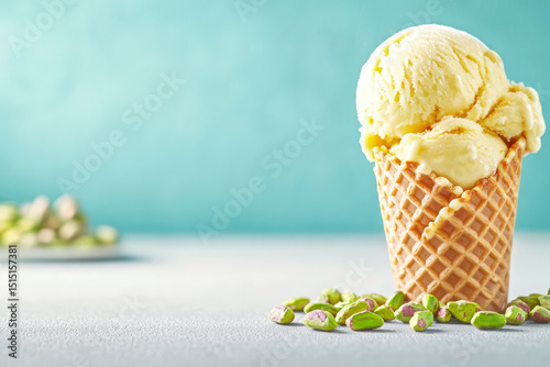 Saffron Ice Cream in Waffle Cone with Pistachios on Blue Backdrop