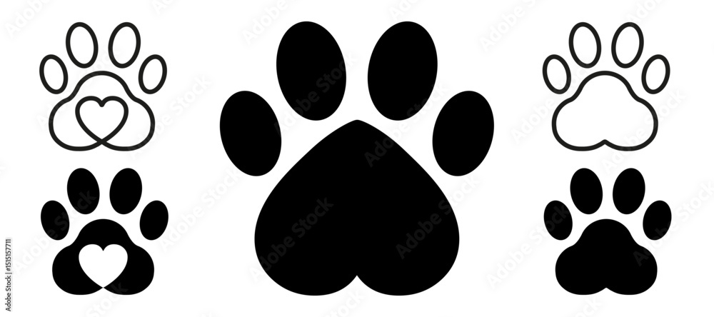 Fototapeta premium Paw footprint set icons, cute animal track with heart, dog cat icon, pet paw icons in solid and line style
