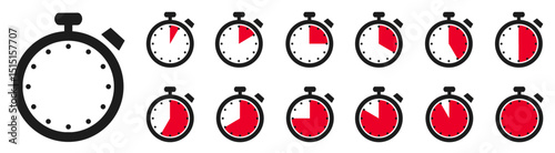 Timer clock, stopwatch set icons with different time. Countdown timer symbol icon set. Sport clock with time meaning. Label cooking symbols. Stopwatch intervals signs
