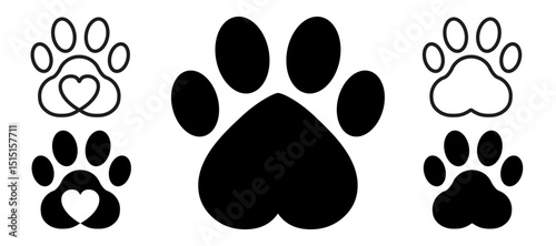 Paw footprint set icons, cute animal track with heart, dog cat icon, pet paw icons in solid and line style