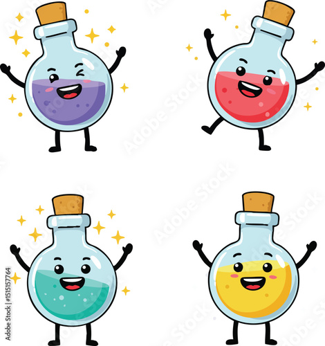 Cute colorful chemical flasks with happy faces and cork stoppers vector illustration set 