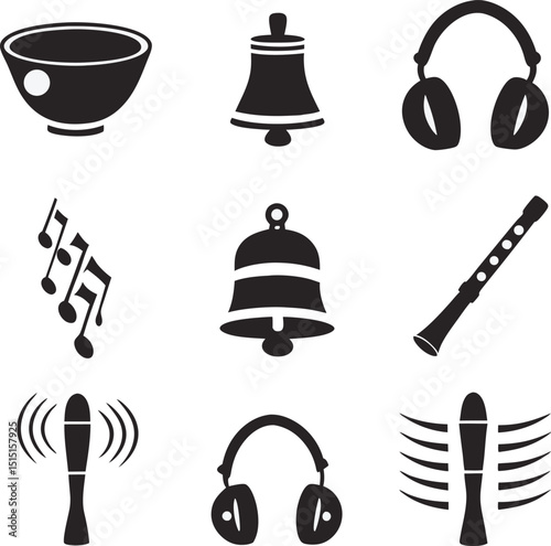 Collection of isolated musical instrument silhouettes for audio visual or artistic design projects featuring various sounds