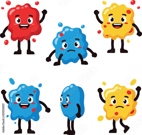 Colorful cartoon germs with various emotions and expressions in red blue and yellow vector illustration set 