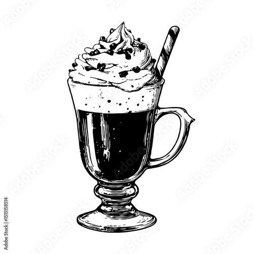 Sketch style illustration of a glass mug filled with coffee topped with whipped cream and chocolate, on white background, coffee concept