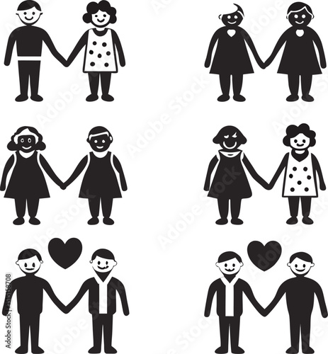 Diverse couples holding hands in love and partnership simple black and white vector illustration showcasing love and affection