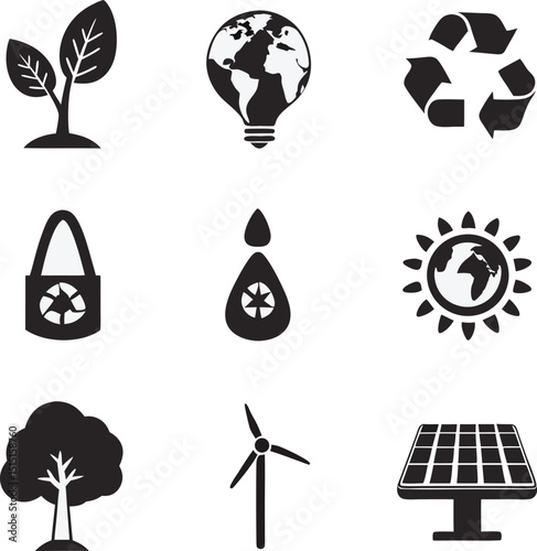 Eco-friendly sustainable energy and environmental conservation icons in black and white representing renewable power sources and recycling
