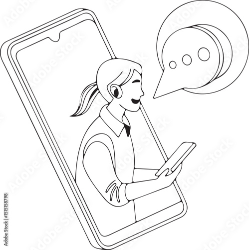 Minimalist smartphone communication line art, online chat illustration