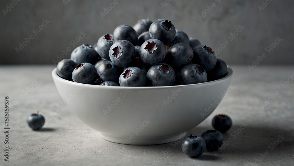 Fresh blueberries in a white bowl on a light stone background. Created using generative AI tools Fresh blueberries in a white bowl on a light stone background. Created using generative AI tools