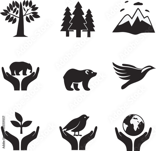 Environment and conservation icons representing nature wildlife and globe symbolizing ecological awareness and protection