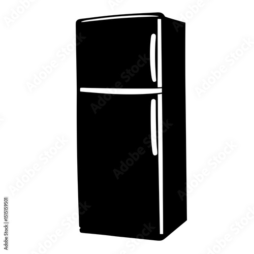 Stylized Black and White Refrigerator Illustration with Top Freezer and Handle