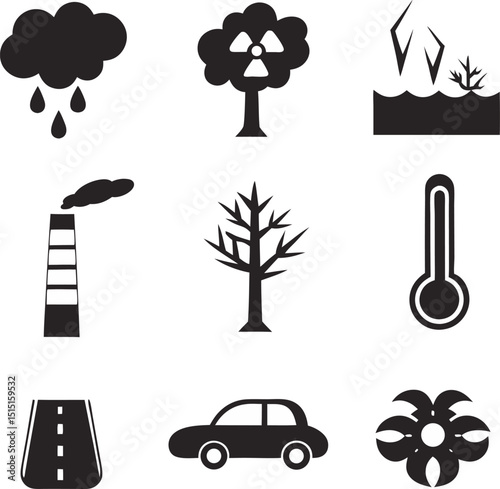Environmental concerns and climate change vector icons depicting pollution and global warming effects