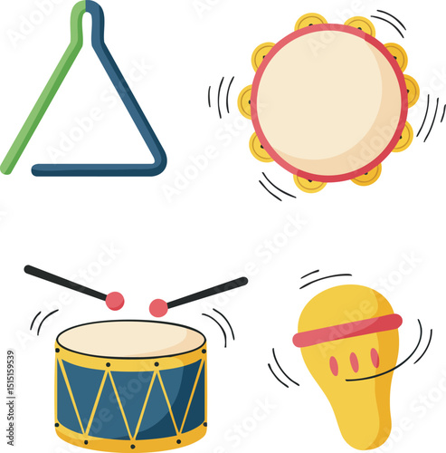 Percussion Musical Instruments Vector Set Featuring Triangle Tambourine Drum and Maraca Icons in Minimalist Style 