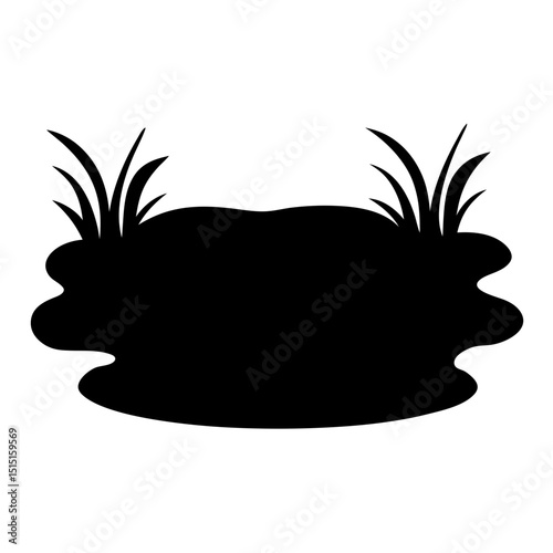 Black silhouette of a pond with tufts of grass on either side