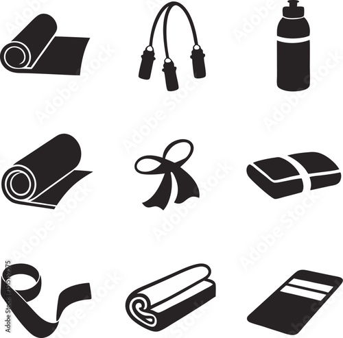 Fitness and exercise equipment icons in black and white for health and wellness illustrations