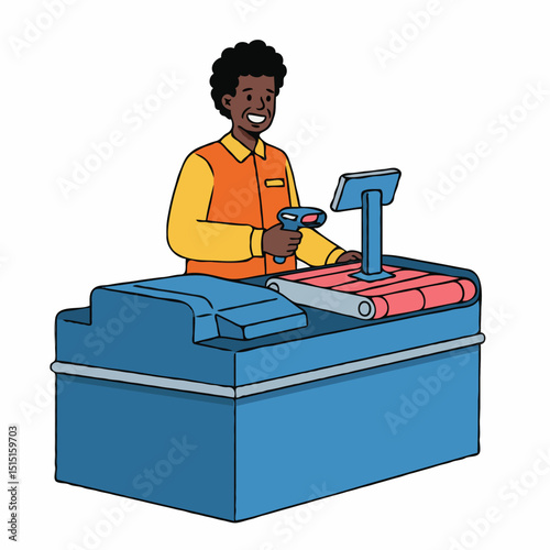 Cheerful dark-skinned Male Cashier Smiling Friendlily Holding a Scanner at a Blue Checkout Counter on a Plain White Background with Spaces for Text