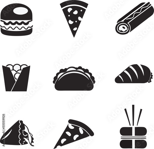 Minimalist black and white food icons collection depicting various popular fast food items for culinary design and illustrations