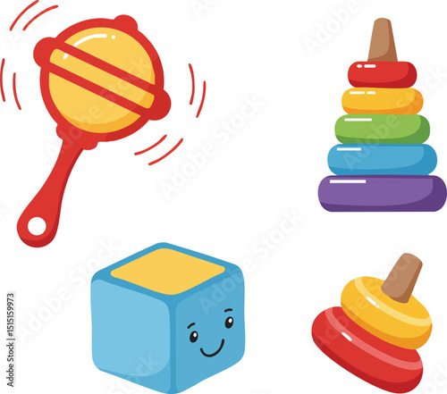 Colorful baby toys including rattle, stacking rings, spinning top, and smiling block vector illustration for early childhood play and development 