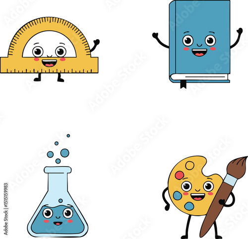 Cute cartoon school supplies characters with protractor book flask and paint palette vector illustration