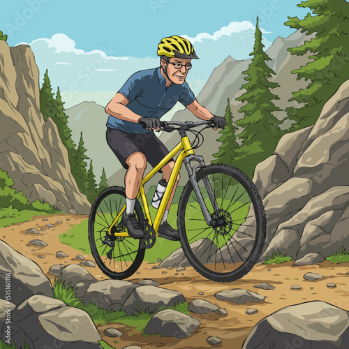 Active elderly Man Adventurously Riding a Yellow Mountain Bike on a Rocky Trail in a Mountainous Landscape
