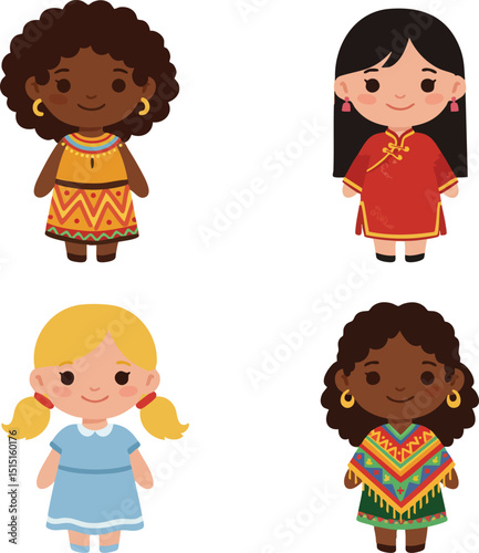 Diverse cultural girls wearing traditional dresses in colorful outfits vector illustration 