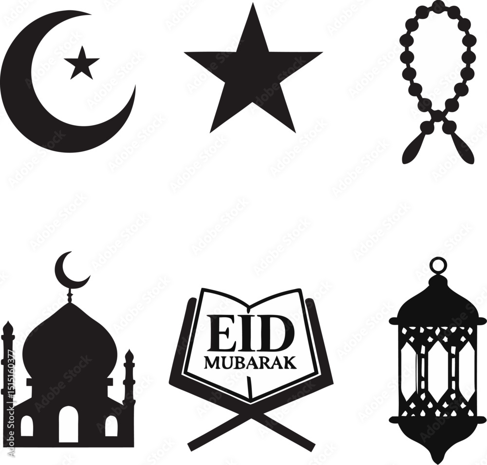 Fototapeta premium Set of black and white islamic icons symbols and graphics for eid mubarak celebration designs ramadan kareem festival elements
