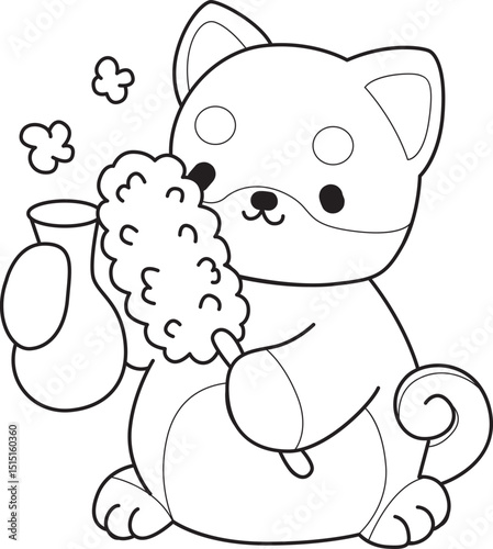 Coloring page of Fluffy Shiba Inu. Outline of Happy doggy illustrations.
