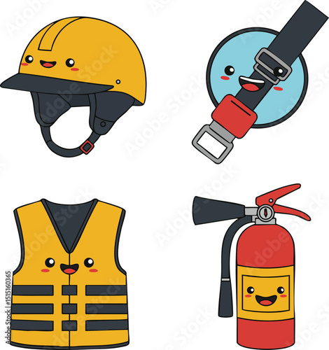 Safety equipment set with helmet, life jacket, seat belt, and fire extinguisher in cartoon style vector illustration 