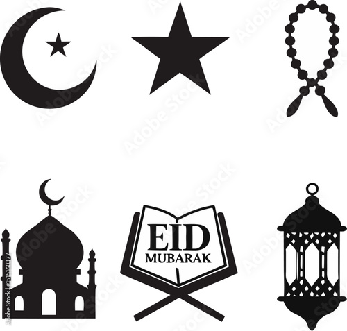 Set of black and white islamic icons symbols and graphics for eid mubarak celebration designs ramadan kareem festival elements