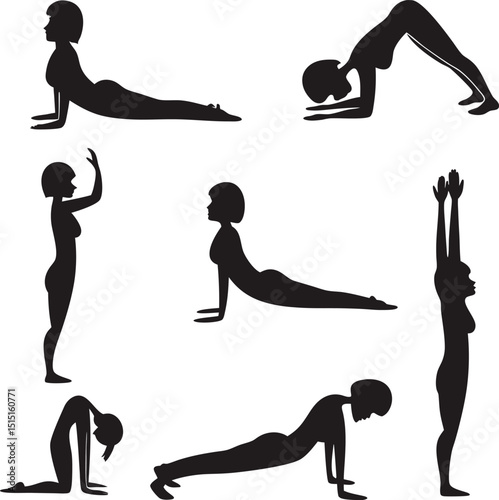 Silhouetted yoga poses depicting flexibility balance and mindful well being with a clear silhouette style