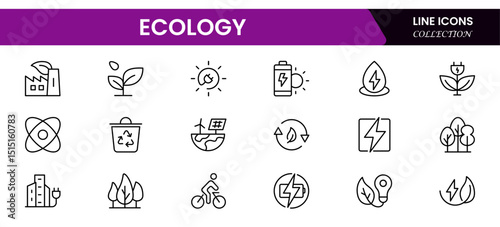 Vector illustration web line icon collection depicting ecology concepts, including nature, sustainability, environment, conservation, green energy, and ecosystem protection symbols.

