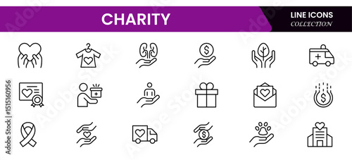 Vector illustration web line icon collection showcasing charity themes, including giving, helping hands, donations, support, community aid, and humanitarian assistance symbols.