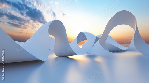 Abstract white architectural forms at sunset