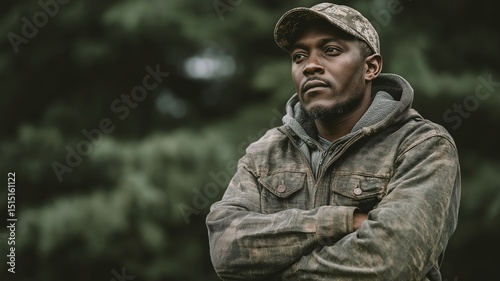 A standing African American man wearing a camouflage headgear and crossing his arms in a wooded location