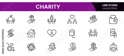 Vector illustration web line icon collection showcasing charity themes, including giving, helping hands, donations, support, community aid, and humanitarian assistance symbols.