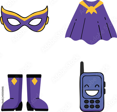 Purple superhero costume elements mask cape boots and walkie talkie vector illustration design 