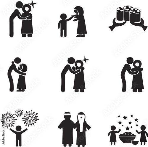 Simple icon set depicting community celebration family reunion and gift giving with fireworks festive starry decorations