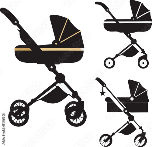 Stylish baby stroller vectors set illustrating modern child transportation designs in black and white isolated against a clean white background for graphic design.