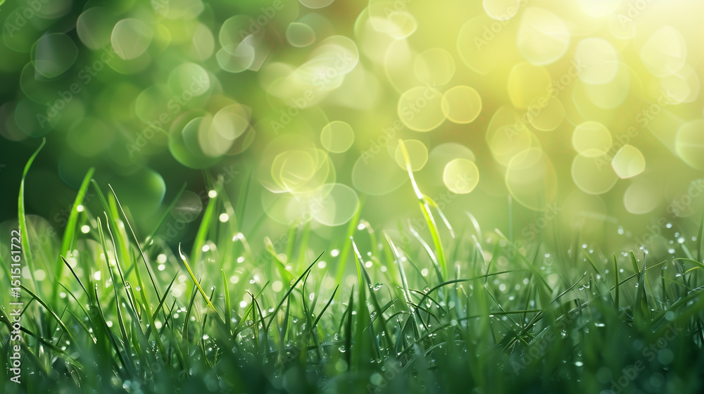 Obraz premium A fresh spring sunny garden background of green grass and blurred foliage bokeh.