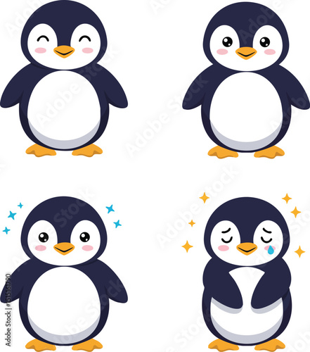 Cute penguin cartoon characters with happy and shy expressions in vector illustration