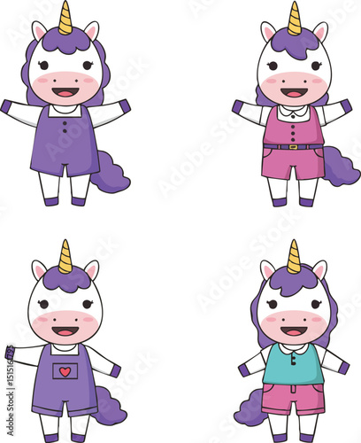 Cute unicorn characters in colorful outfits vector illustration with purple hair and golden horns for children designs 