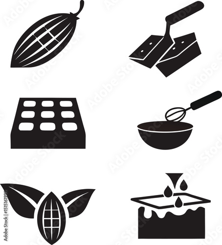 Vector illustration depicting stages of cocoa production from harvesting to final product with various icons