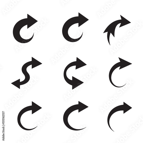 Collection of black silhouette arrows in various directions and curved designs on white background