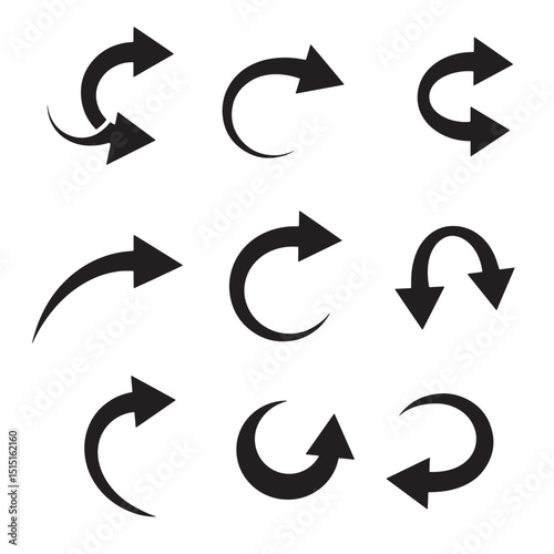 Collection of stylish black silhouette arrows in various directions on a white background with elegant curved designs