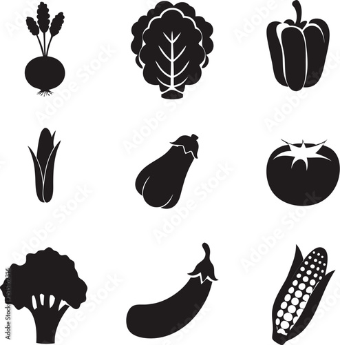 Vector illustration of healthy vegetables silhouettes representing a varied fresh produce collection for culinary and nutritional themes