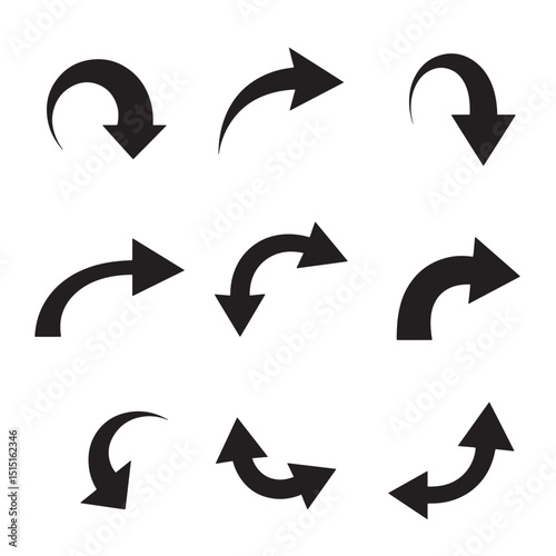 Nine minimalist black arrows pointing in various directions representing different options and concepts on a clean white background
